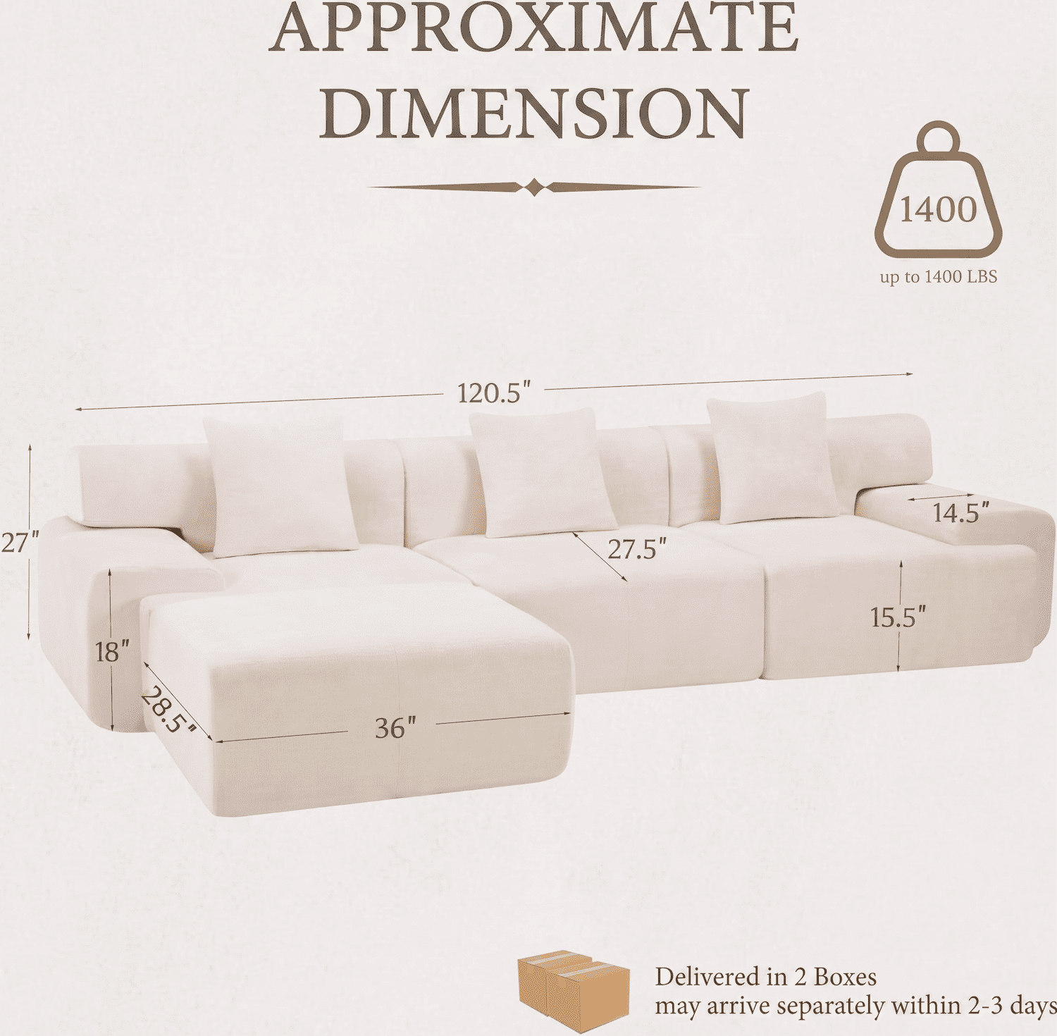 Xiweot Boneless Cloud Couch Sectional Sofa, Oversized Modular Sectional Couch for Living Room, Deep Seat Chenille Sofa with Ottoman, No Assembly Full Foam Comfy Couch for Apartment Bedroom (Beige)
