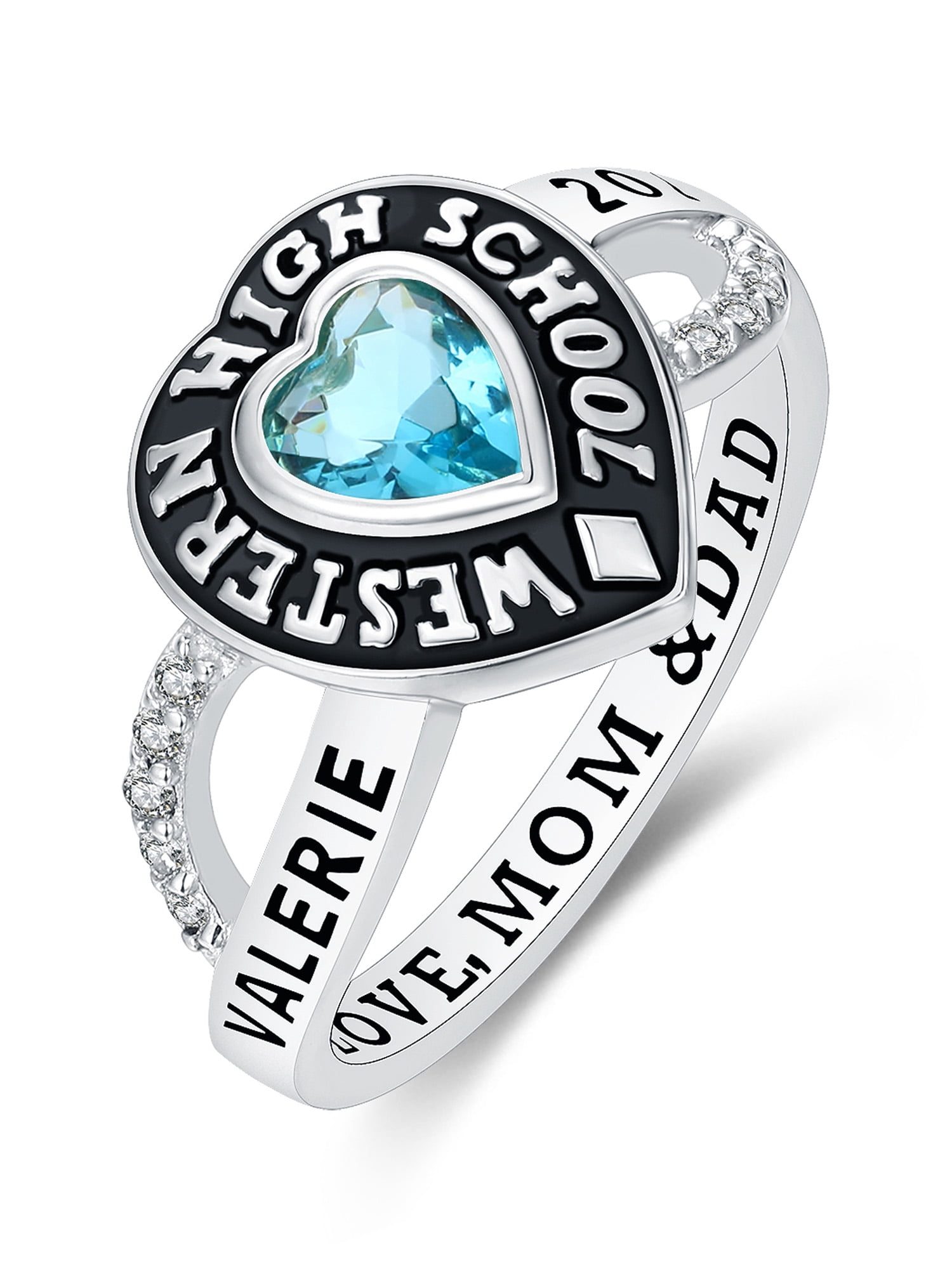 Mementos USA Custom Class Rings Sterling Silver for Women High School College-Platinum-Heartstone