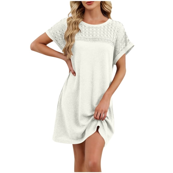 ctdiral Womens Eyelet Mini Dress Cap Sleeve Crew Neck T Shirt Dress Solid Color Loose Fit Dress Summer Casual House Dress White L