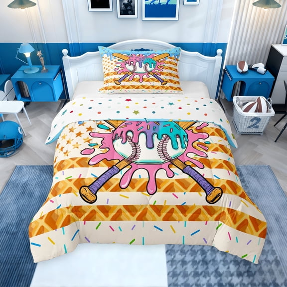 Erosebridal Baseball Ice Cream Drip Twin Comforter Sets, Waffle US Flag Bedding Set, Colorful Polka Dots Reversible, 1 Comforter and 1 Pillowcase