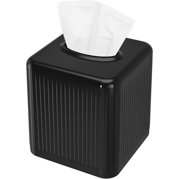 Square Plastic Tissue Box Holder with Base - Modern Cube Decorative Tissue Cover for Bathroom, Countertop, Living Room, Bedroom, Office - Black
