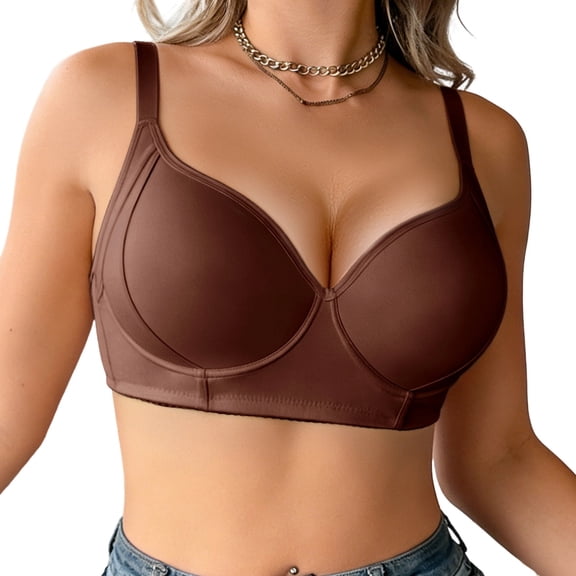 Qgtaibl Women's Smooth Full Coverage Underwire Bra Adjustable Comfort Wide Straps Shape Lifting Bras Seamless Molded Cups Side Support Invisible Everyday Lingerie Brown 90B