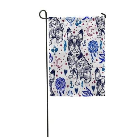 Doodle Garden - SIDONKU Vintage Traditional Tattoo Flash Bulldog Pug Dog Doodle Pattern Garden Flag Decorative Flag House Banner 12x18 inch