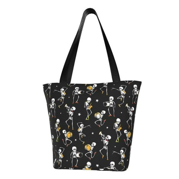 Fotbe Playing Music Skeletons Bolsa de Playa con Estampado, Bolsa de Hombro, Bolsa de Mano Espaciosa, Bolsa de Viaje Ligera, Bolsa de Compras Versátil