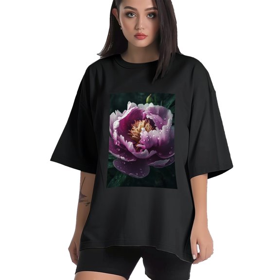 Plus Size Shirt for Women Black Tops for Women Short Sleeves Shirt for Women Peony Flower T Shirt Crewneck Shirt for Women XS