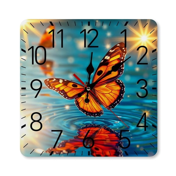 RKSupls 10×10inch Square Silent Wall Clock Wooden Frame, Butterfly Water Reflection Scale Decorative Clock for Home Bedroom Living Room Office