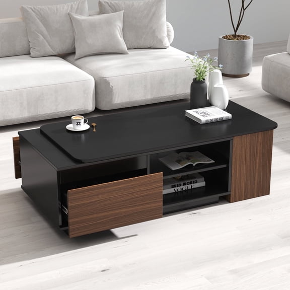 Extendable Coffee Table, Wood Center Table with Storage, Modern Space Saving Rectangular Coffee Tble with 2 Drawers and Open Shelves, Suitable for Living Room, Bedroom