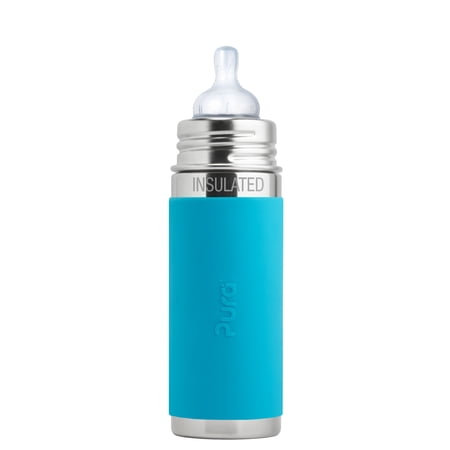 Pura Kiki 9 oz / 260 ml Stainless Steel Insulated Infant Bottle with Silicone Nipple & Sleeve, Aqua (Plastic Free, NonToxic Certified, BPA Free)