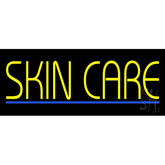 Yellow Skin Care Blue Line LED Neon Sign 13 x 32 - inches, Black Square Cut Acrylic Backing, with Dimmer - Bright and Premium built indoor LED Neon Sign for Spa interior decor and storefront.