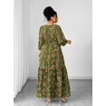 thumbnail image 2 of Green Floral Print V-Neck Maxi Dress With Tiered Skirt And Side Slit For Women, 2 of 7