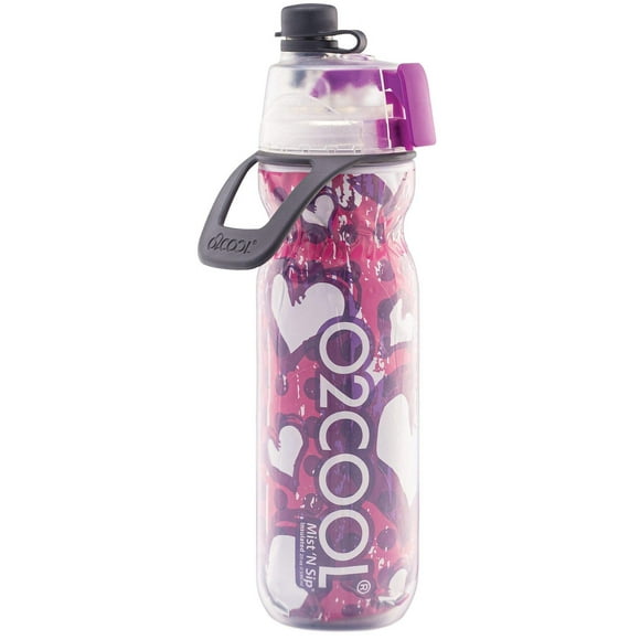 O2COOL Mist 'N Sip Misting Water Bottle 2-in-1 Mist And Sip Function With No Leak Pull Top Spout (Hearts)