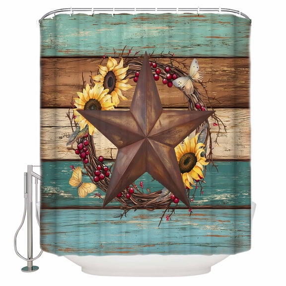 Country Star Vintage Bathroom Shower Curtains with 12 Hooks Polyester Waterproof Shower Curtain for Bathtubs Sunflower Farmhouse Teal Brown Western Berry Decorative Bathroom Curtain 72x96 Inches