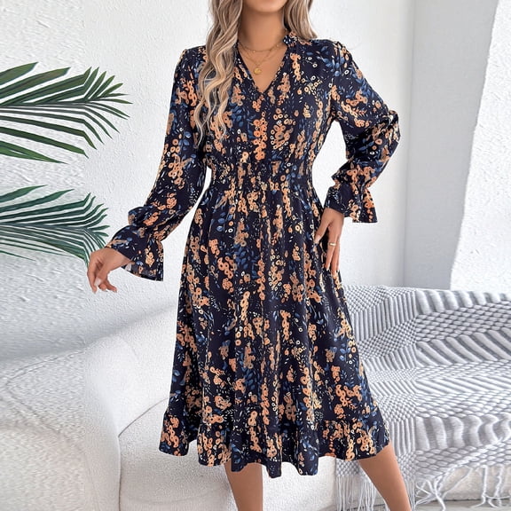 BRGZLK Women's Floral Dress Summer Trendy Long Sleeve V-Neck Empire Waist Midi Dress Soft Loose Comfortable Solid Color Flowy Wedding Guest Dresses Navy S