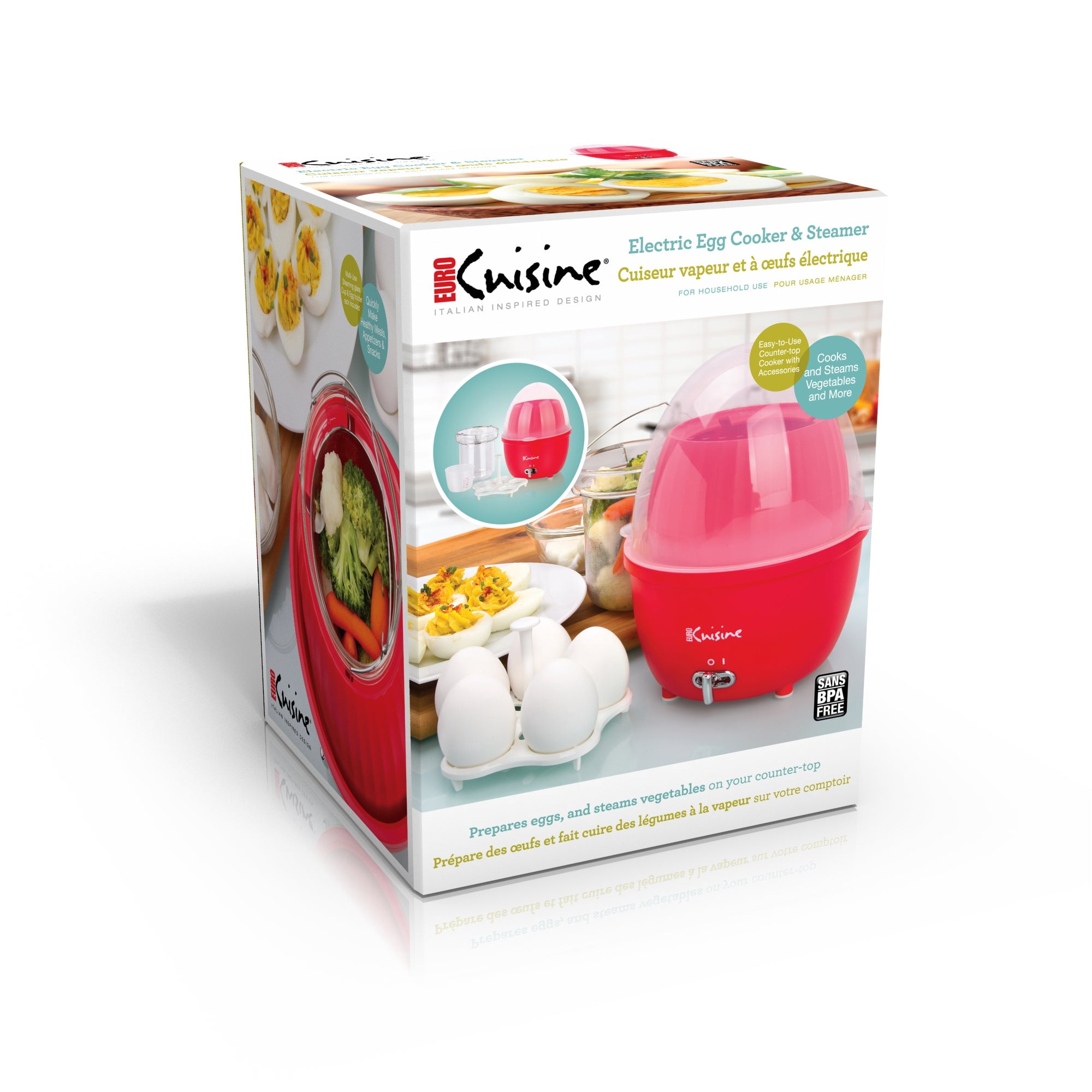 Euro Cuisine Electric Egg Cooker & Food Steamer with Auto Shut Off Red (MSCX26RD)