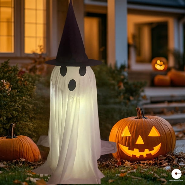 Lámpara Decorativa Fantasma de Halloween de 1,2 M, de Tela Blanca, Iluminada, con Pilas | Soporte Extensible, Adorno Colgante para Patio, Jardín, Fiesta, Interior y Exterior, Halloween