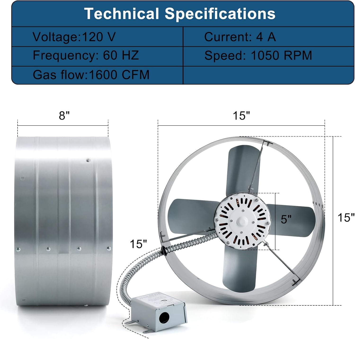 15" Gable Mount Vent Attic Fan,Exhaust Ventilation Fan with Adjustable Thermostat & Remote Control Switch for Gable,Home,Shed,Garage,Portable Building,1600CFM,2400 Sq.Ft Coverage Area.