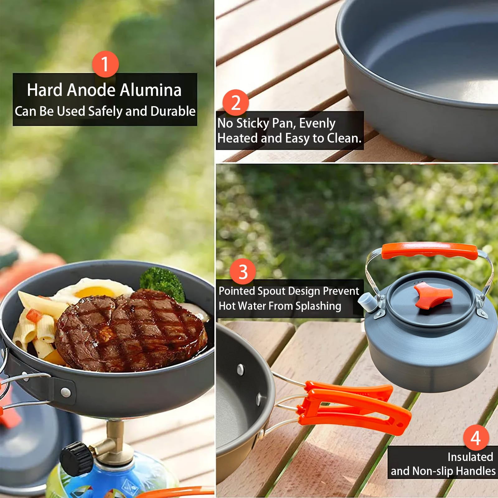 Merryhome 11 Pcs Camping Cookwares Mess Kit Gear Campfire Utensils Non-Stick Cooking Equipment Lightweight Stackable Pot Pan Bowls with Storage Bag