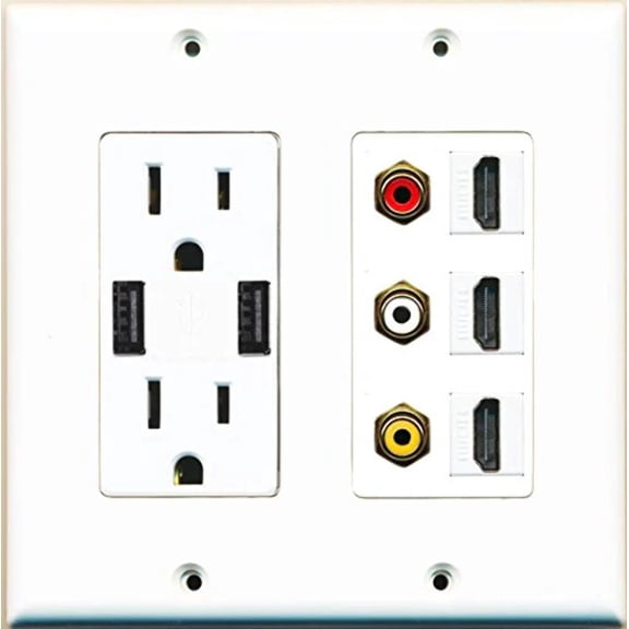 RiteAV 15 Amp 125V Power Outlet (2 Powered USB Charger Receptacle) 3 Hdmi 3 RCA Composite Wall Plate White