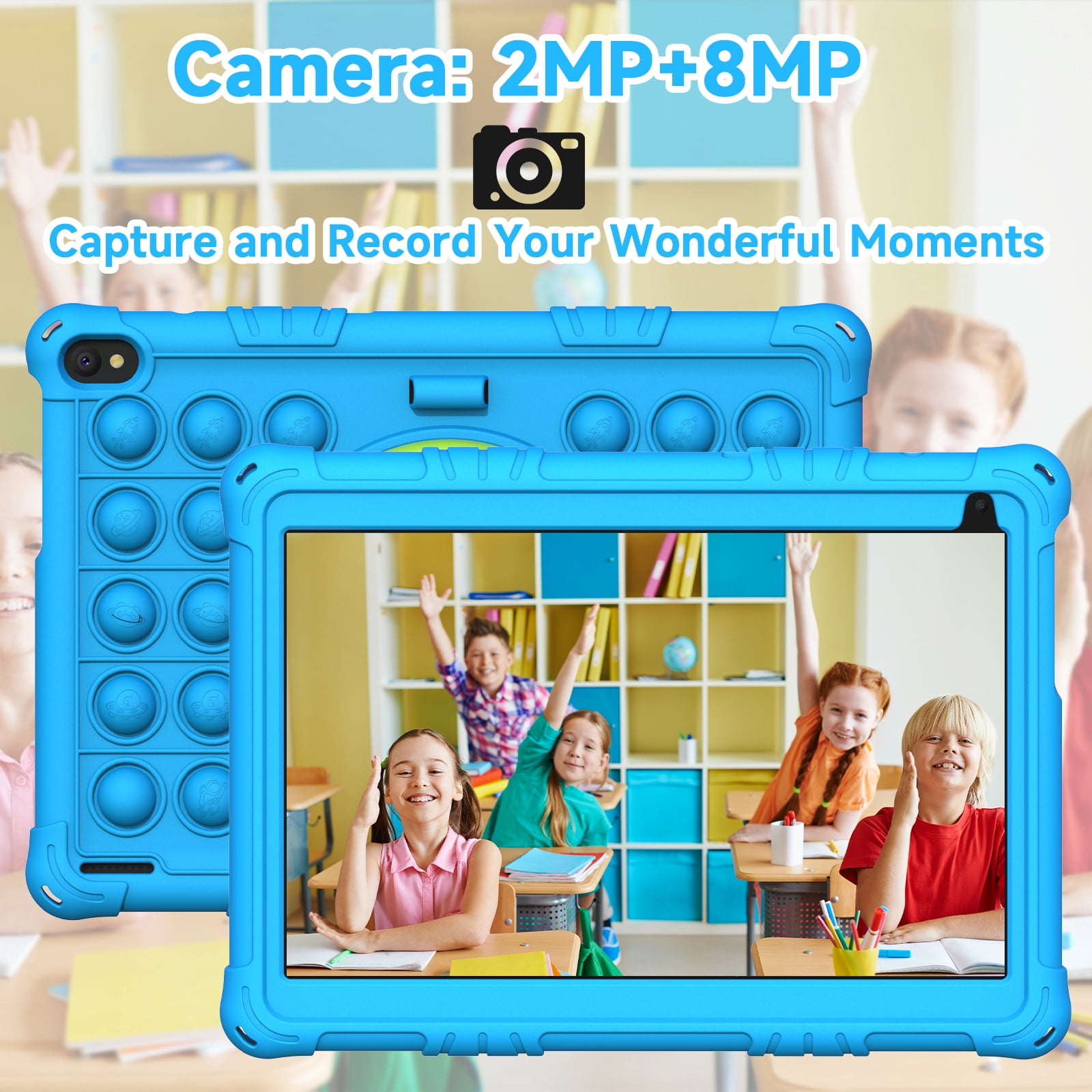 Peicheng Tablet for Kids, 10" Android 15 Kids Tablet with EVA Case, Parental Control Pre-Installed Education Apps, 6(2+4)GB RAM 32GB Storage 6000mAh WiFi 6, Front 2MP+Back 8MP Dual Cameras - Blue