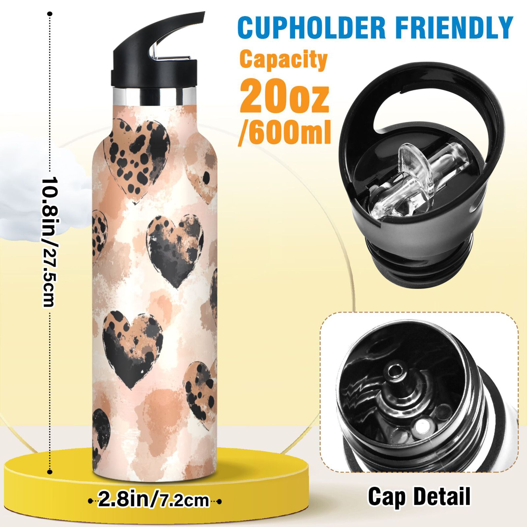 600ML Stainless Steel Insulated Cup Sports Water Bottle Portable Thermos Cup Water Glasses Insulated Tumblers Convenient and Durable Super Cute Love