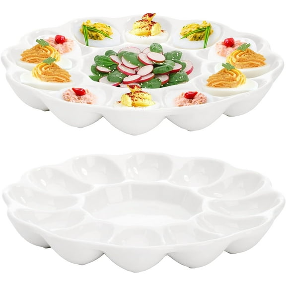 IEMIEBSHA 2 Pack Deviled Egg Platter Tray, Ceramic 12-Cup Egg Dish, Egg Holder Container for Kitchen Refrigerator Countertop Display