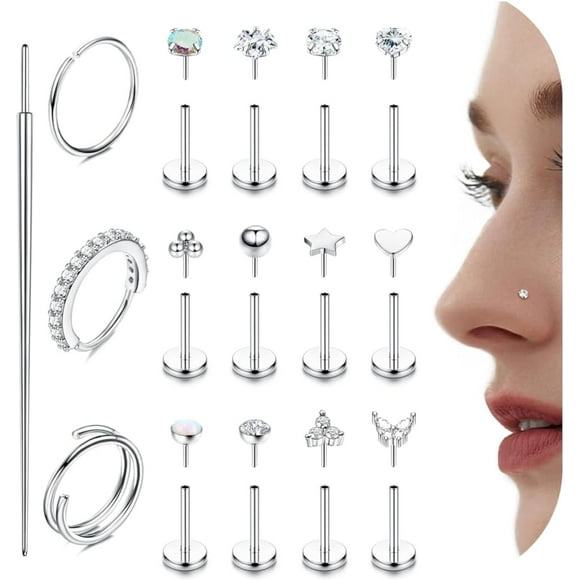 14K Gold Filled Nose Rings Studs for Women 316L Surgical Steel Threadless Push in Flat Back Earrings Hypoallergenic Nose Rings Hoops Cartilage Tragus Conch Helix Piercing Jewelry Gold/Silver 18G 20G