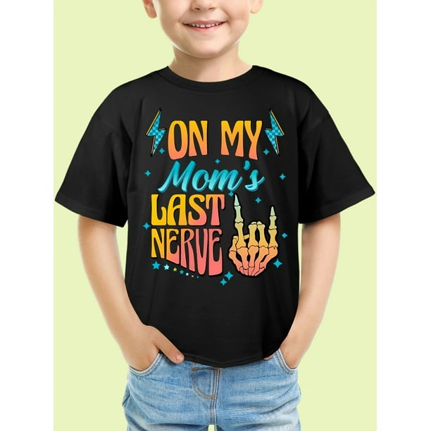 Boys' "On My Mom's Last Nerve" Graphic T-Shirt - Black Casual Summer Tee with Playful Lettering & Crown Design, Soft Cotton Blend, Machine Washable, Short Sleeve Round Neck Top for Youngsters