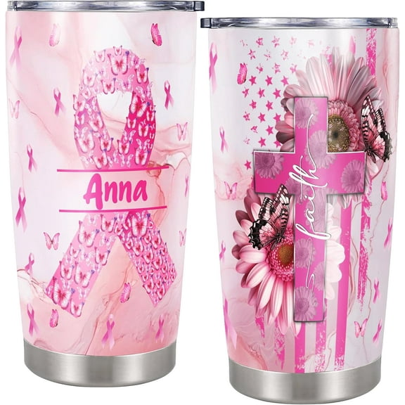 Breast Cancer Survivor Gifts for Women - Personalized Breast Cancer Tumbler - Custom Name Travel Coffee Mug Insulated Cups with Lids Stainless Steel 20oz Birthday