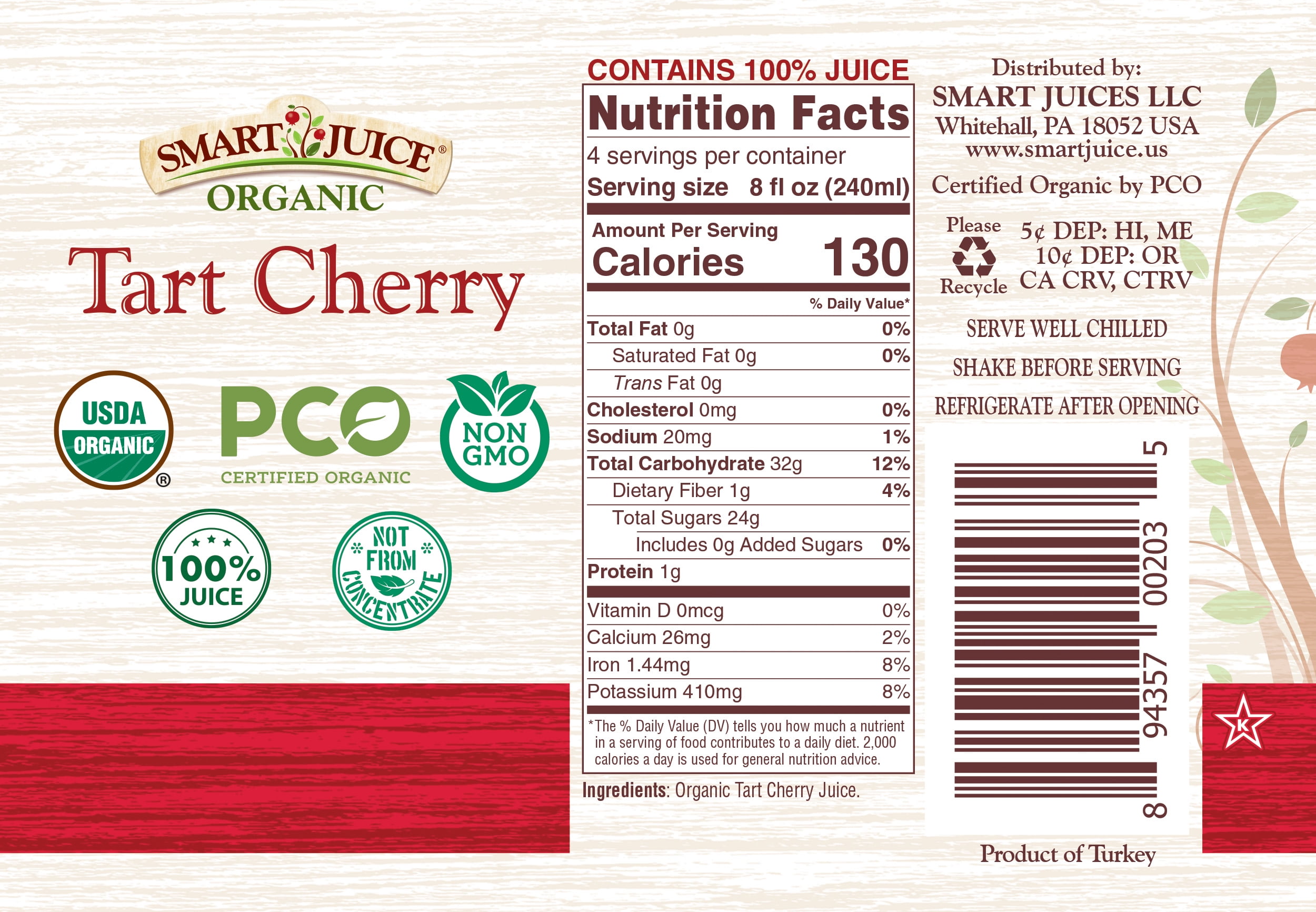 Smart Juice Organic Tart Cherry Juice  - 100% Juice, Not From Concentrate - 33.8 fl oz (1L) - (case of 6)