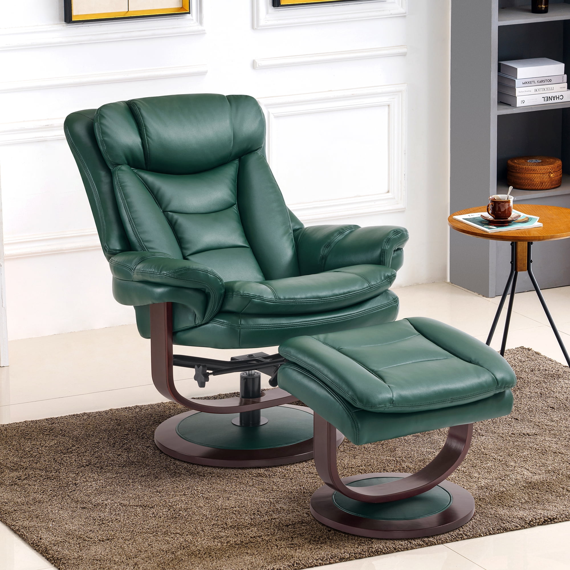 MCombo Swivel Recliner with Ottoman, Reclining Chair with Adjustable Back, Faux Leather Upholstered Lounge Chair for Living Room Bedroom Office 4651（Green）
