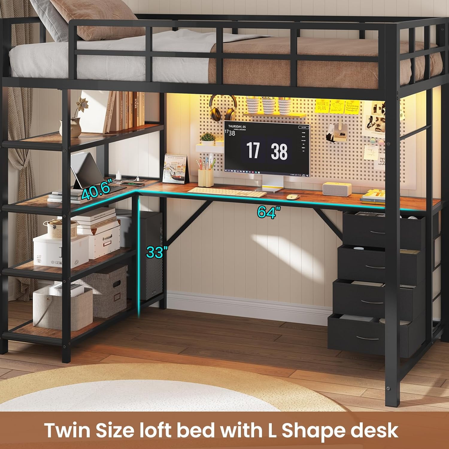 Twin Size Loft Bed with Power Outlet and LED Lights, Metal Loft Bed Frame with L Shape Desk and 4-Tier Storage Shelves, No Box Spring Needed,  Black