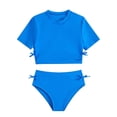 thumbnail image 3 of HOWPAY Girls Swimsuit Solid Color Quick Dry Short Sleeve Tankini High Waist Boyshort Bathing Suit Summer Beach Vacation 2 Piece Swimwear Blue, 3 of 9