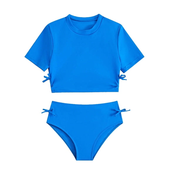 Aocisk Kids Swimsuits High Waist Two Piece Solid Color Bikini with Adjustable Ties Stylish Swimwear for and Junior Girls Bathing Suit Blue 9-10 Years