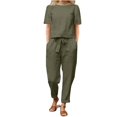 thumbnail image 1 of Ensembles de Pantalons 2 Pcs pour Femmes Grande Taille Tenues de Vacances pour Femmes Ensemble de Vêtements Femme Col Rond Manches Courtes Hauts Ensembles de Pantalons Style Pantalon Décontracté S_350 Survêtements pour Femmes Vert-1 5TG, 1 of 6