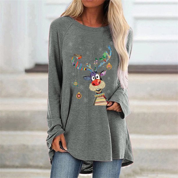 Pntutb Moda Mujer O-cuello Camiseta de manga larga Otoño Impresión Chirstmas Blusa suelta tops Pntutb Pntutb-4997