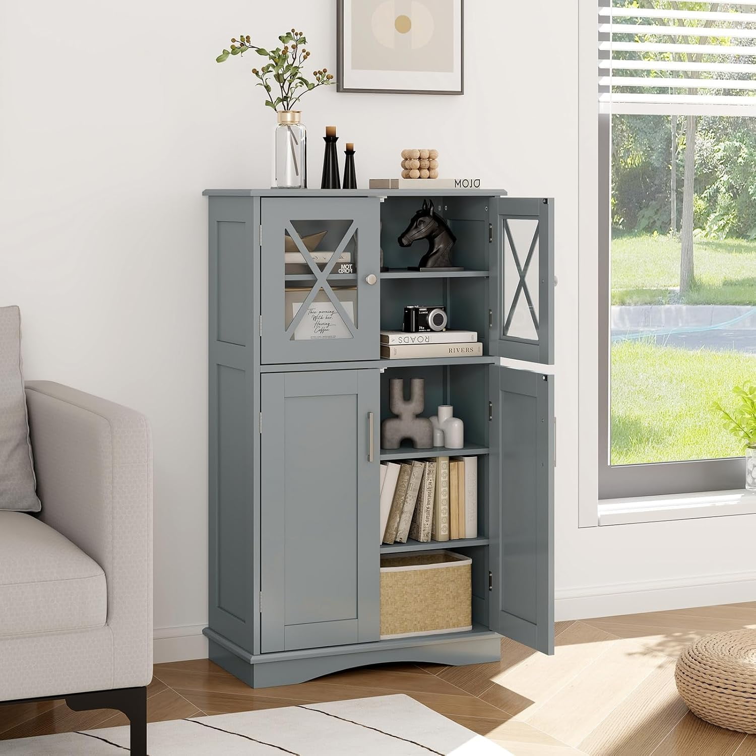 Bathroom Floor Storage Cabinet - Linen Floor Cabinet with Doors and Adjustable Shelves, Freestanding Side Storage Organizer for Bathroom, Living Room, Entryway, Kitchen Storage Unit (Grey)