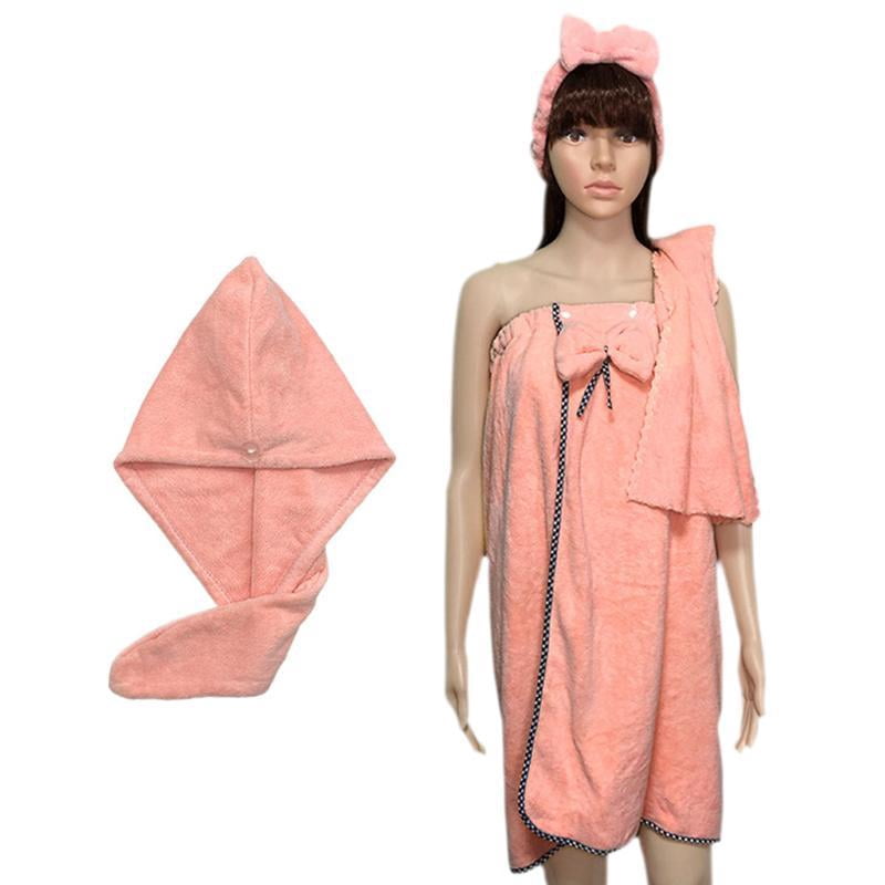 Yammee 4Pcs/Set Women Wearable Bath Wrap with Towel Headband Hair Dry Cap Bow Bathrobe