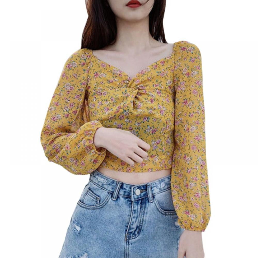 Women's Floral Open Front Tie Knot Crop Top Long Sleeve V Neck Women's Floral Open Front Tie Knot Crop Top Long Sleeve V Neck