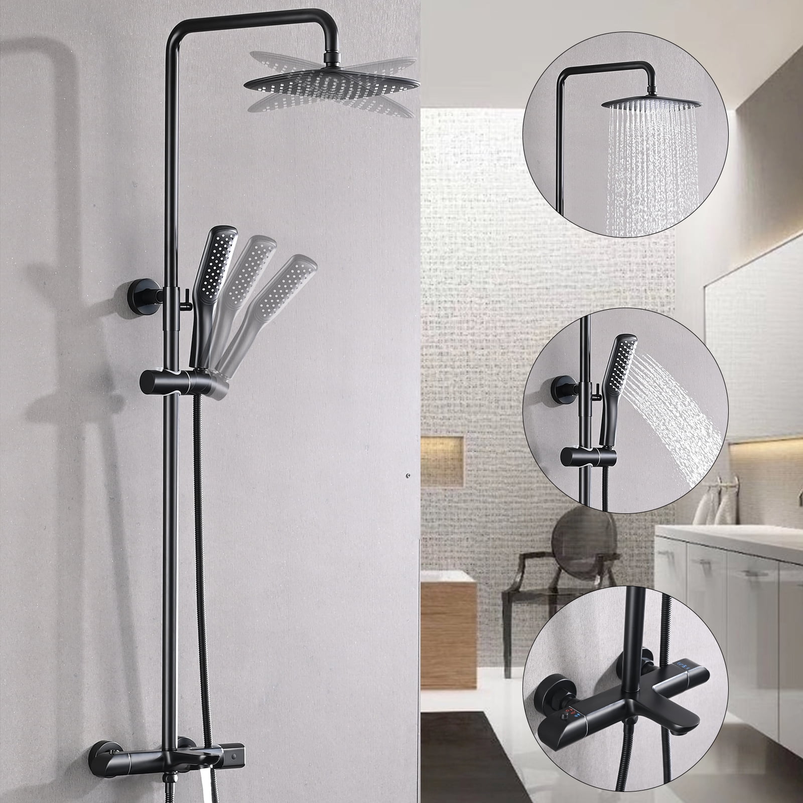 3function Shower System with Slide Bar Wall Mount Rainfall in Matte Black