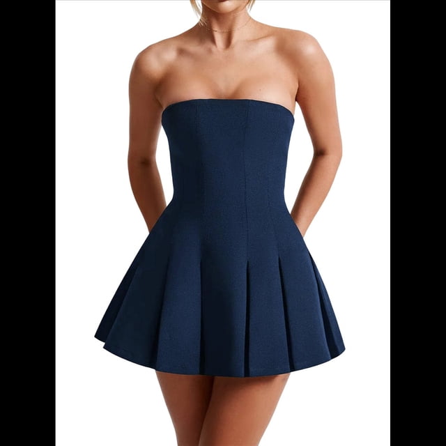 Vestido Corto Ajustado de Corte A Sin Mangas, Sexy, con Pliegues y Sin Tirantes para Mujer, Estilo Y2K Azul Marino S