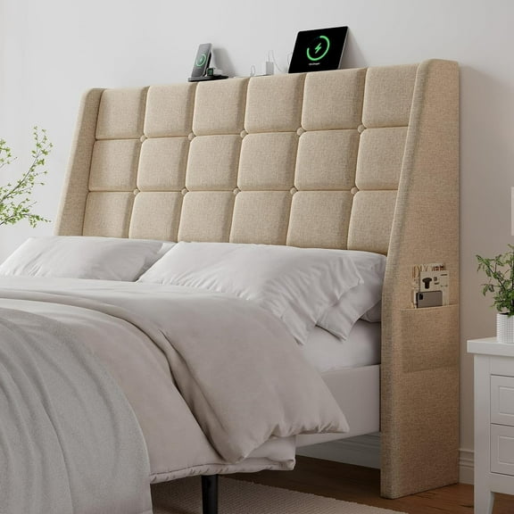 Ergonomic Upholstered Full Size Headboard w/Charging Station, Linen Wingback Headboards w/Storage Pocket, Full Headboard Only, Bed Frame Adapters, Sturdy Solid Wood Bed Head Board, Beige