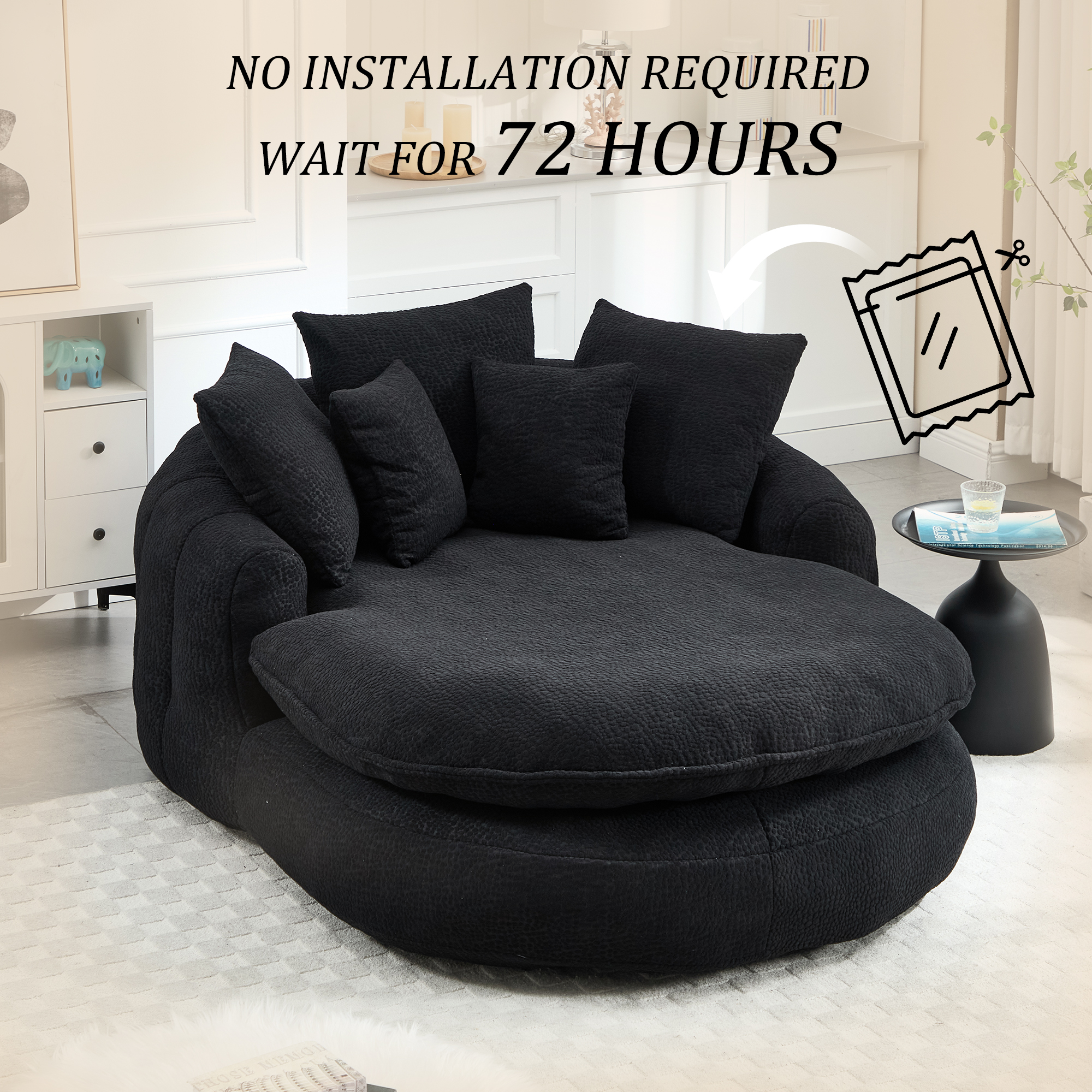 MOONMISS Chenille Upholstered Oversized Wrap Around Deep Seat Bean Bag Lazy Sofa with 5 Pillows-Black