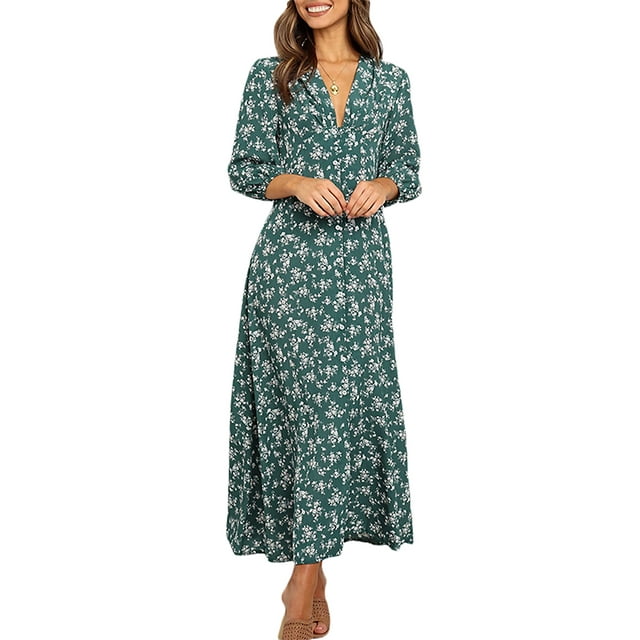 Sunloudy - Vestido largo de manga 3/4 para mujer, con botones y estampado floral, con cuello en V, informal, de cintura alta, estilo bohemio Sunloudy S M L XL