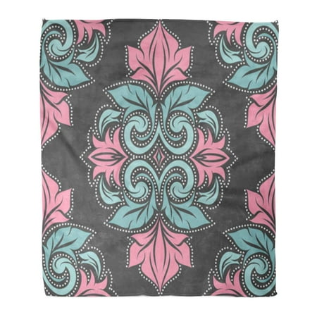 ASHLEIGH Throw Blanket Warm Cozy Print Flannel Pink and Turquoise Elegant Classic Luxury Damask Victorian Baroque Great Any Comfortable Soft for Bed Sofa and Couch 58x80 Inches