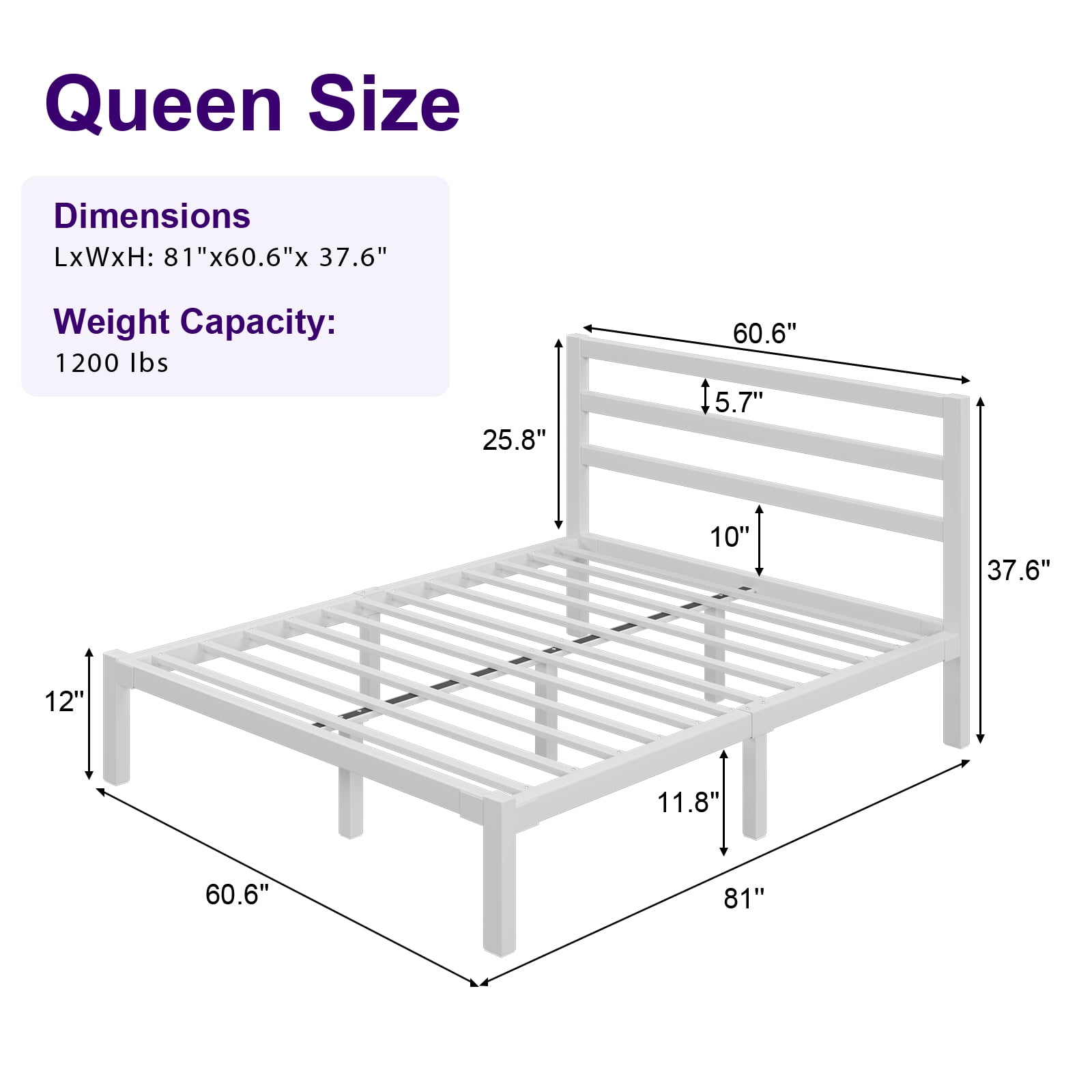 Queen Size Bed Frame, Heavy Duty Platform Bed Frame with Strong Metal Foundation, Under Bed Storage, Mattress Foundation, White