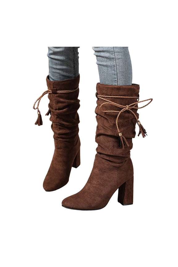 Slouchy Strappy Wide Calf High Heel Dress Boots for Women Ladies Boho Fashion Suede Fringe Pointed Toe Block Heeled Tall Boots Fall Winter Coffee Size 7