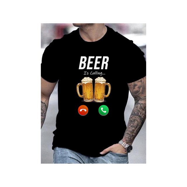 Short Sleeve Breathable Polyester Men's Funny Beer Pattern T-Shirt - Perfect for Summer Parties & outdoor activities, Novelty, Crew Neck