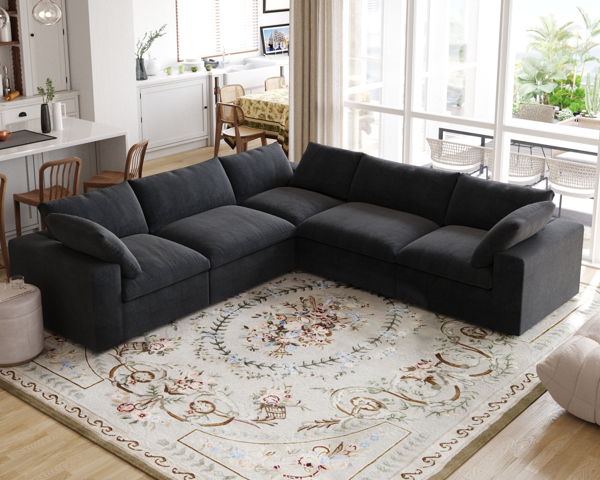 Sodrens Free Convertible Sectional Sofa Modular Couch,Modern Linen Fabric Sofa Corner Couch for Living Room,Apartment and Small Space,5-Seat Sofa,Black