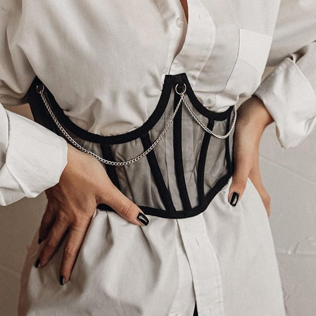Cinturón de corsé Punk Macarena camiseta transparente elegante Prendas estir Cadena de cintura vestido faja Cadena Negro S