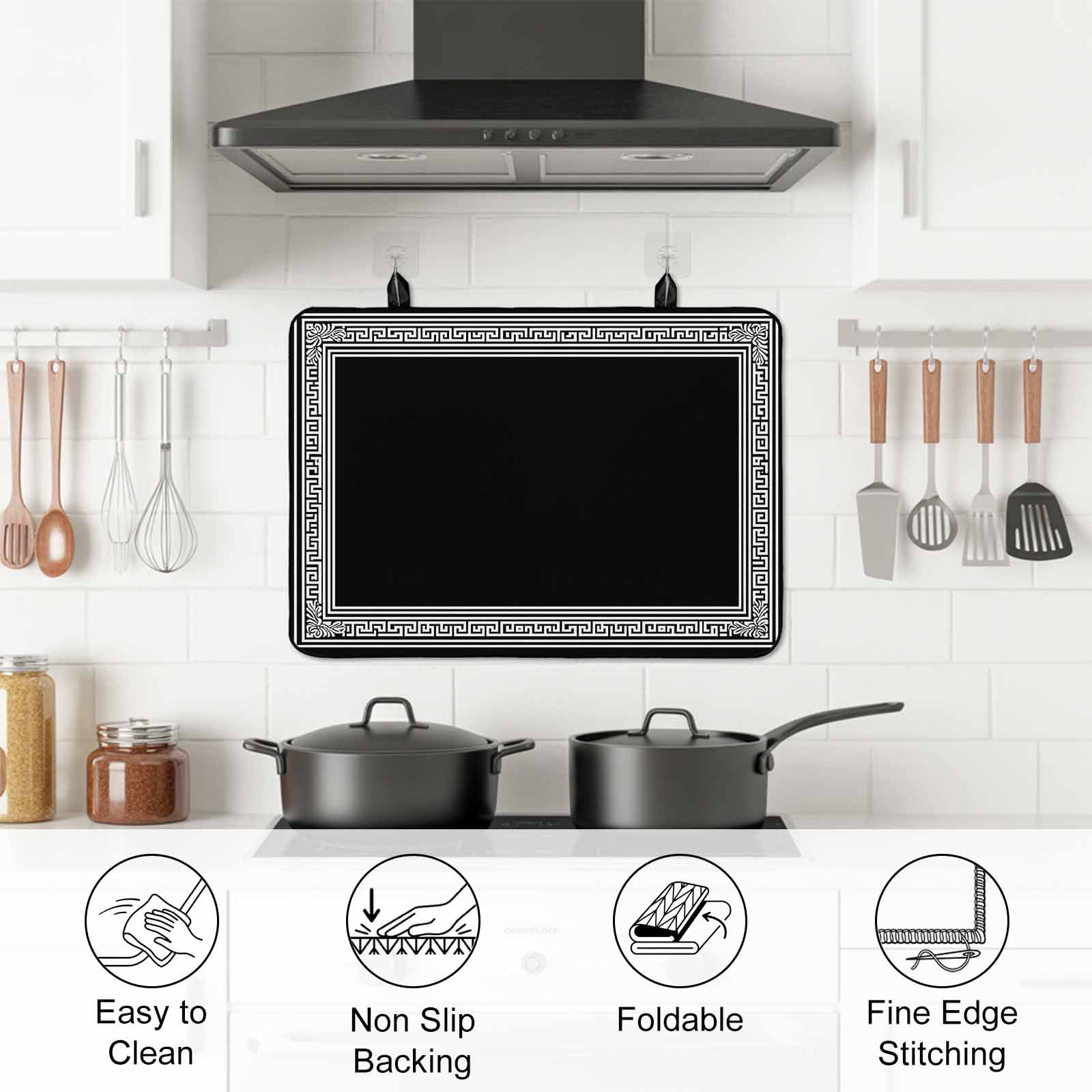 Black Geometric Stove Top Cover for Electric Stove, Heat-proof & Non Slip Glass Top Stove Cover Protector, Country Farm Traditional Chinese Tile Kitchen Flat Cooktop Rubber Mat 28.5x20.5 Inches